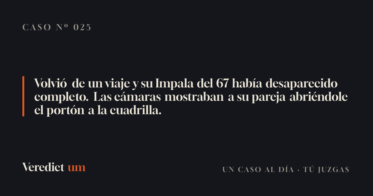 Volvió de un viaje y su Impala del 67 había desaparecido completo. Las cámaras mostraban a su pareja abriéndole el portón a la cuadrilla.
